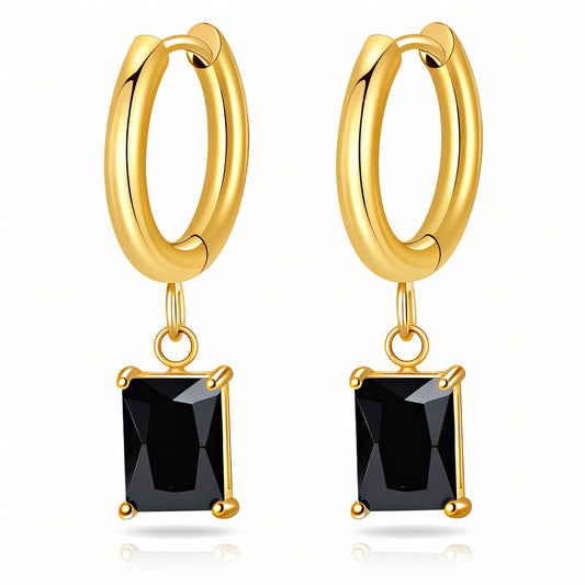 Black Stone Huggie Hoop Earrings
