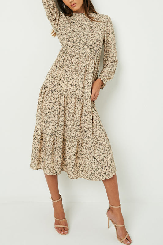 Smocked Neck Midi Dress- Tan