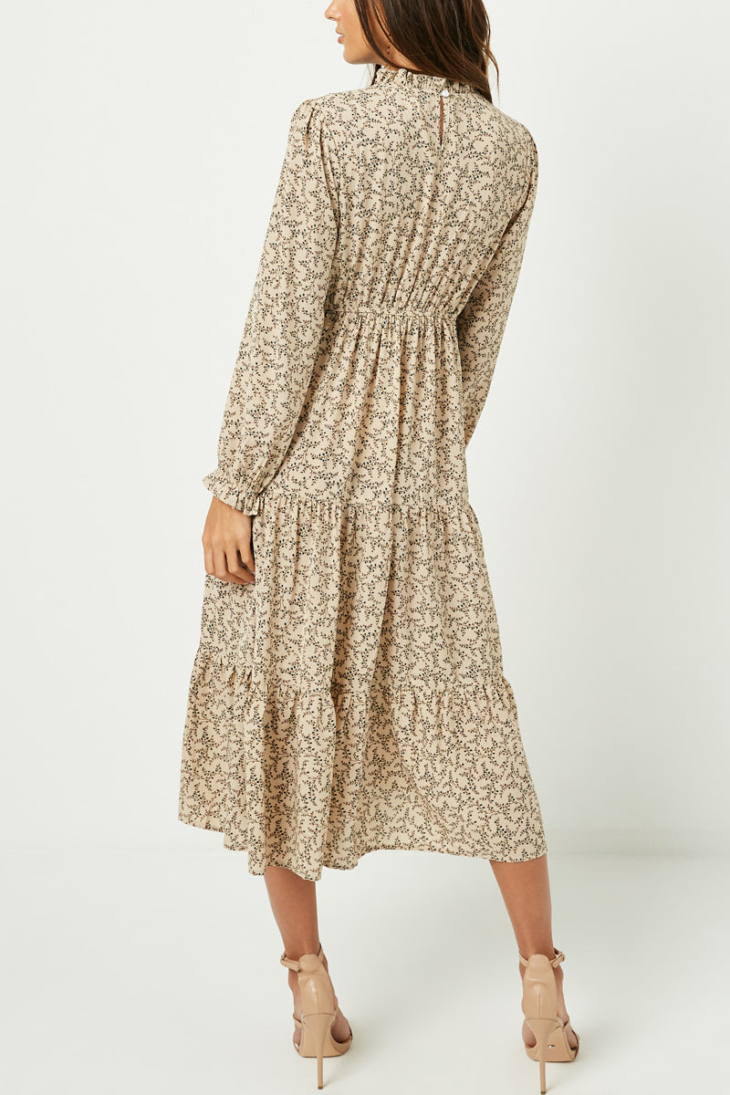 Smocked Neck Midi Dress- Tan