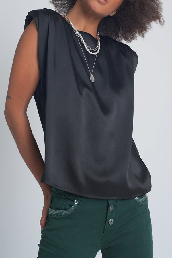 Satin Sleeveless Shoulder Pad Top